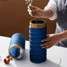 Европейская голубая стеклянная ваза, позолоченная бутылка с резьбой, контейнер для цветов, гидропонная ваза для цветов, украшение для гостиной 2024 - купить недорого