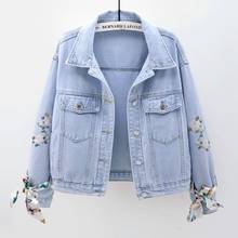 Jaqueta jeans bordada florida feminina, casaco curto manga longa, moda de primavera, blusa feminina casual streetwear 2024 - compre barato