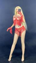 Rosa padrão de folha de flor franja vermelho bodysuit luvas femininas dançarina cantor bar outfit aniversário baile mostrar roupa 2024 - compre barato
