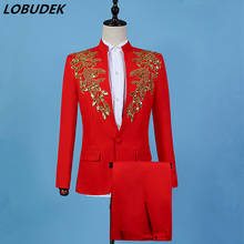 Stand-Collar Gold Beads Sequins Red Blazers Men's Suits Singer Chorus Performance Clothes Male Host Stage Formal 2 Pieces Suit 2024 - buy cheap