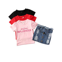 Crianças 0-6 anos, moda verão, roupas infantis, conjuntos de meninas, camiseta de manga curta com estampa de letras + saia de botão jeans, 3 cores 2024 - compre barato