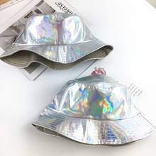 Women Men Faux Leather Harajuku Hip Hop Bucket Cap Glitter Metallic Holographic Reflective Reversible Wide Brim Fisherman Hat 2024 - buy cheap