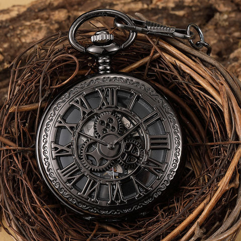 Часы мужские механические карманные в стиле стимпанк, ретро-часы-скелетоны с полым ремешком на цепочке, с римскими цифрами, черные 2022 - купить недорого