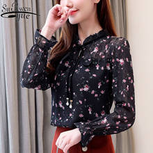 Blusa de manga larga con lazo Floral para mujer, empalmado top negro, moda coreana, tops de talla grande 2021 50 8217 2024 - compra barato