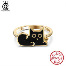 ORSA JEWELS-anillos de plata de ley 925 con forma de gato, anillo de dedo chapado en oro y esmalte negro, joyería para citas femeninas, EQR06 2024 - compra barato