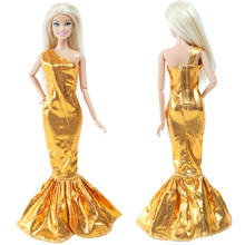 Estilo de moda ouro de um ombro fishtail vestido de festa à noite saia vestido longo acessórios roupas para boneca barbie brinquedo do bebê 2024 - compre barato