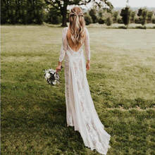 Charming Summer Boho Lace Long Sleeve Bridal Wedding Dresses Bateau Neck Wedding Gowns for Bride Open Back Sweep Train On Sale 2024 - buy cheap