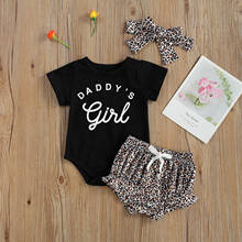 Newborn Baby Girls 3-piece Outfit Set Letter Print Daddys Girls Short Sleeve Cotton Romper+Leopard Shorts+Headband Toddler Set 2024 - buy cheap
