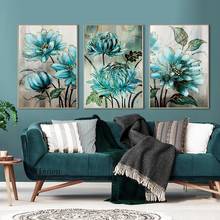 Pintura em tela com flores azuis, renda dourada, nobre, decorativa, poster moderno, decoração, arte de parede, imagens para sala de estar 2024 - compre barato