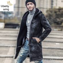 Brand Shearling Men Genuine Sheepskin Coats Fashion Streetwear Slim Hooded Windbreakers Winter Real Fur Overcoats Plus Size 4XL 2024 - buy cheap
