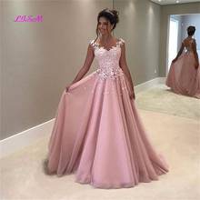 Rosa muçulmano vestidos de noite a linha boné mangas tule rendas apliques dubai arábia saudita longo formatura vestidos de noite 2024 - compre barato