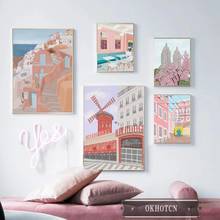 Nordic Illustration Style Travel Cities Poster Europe Pink House Landscape Canvas Painting Wall Art Pictures Home Decor 2024 - buy cheap