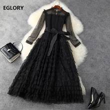 Lace Gown Dress New 2021 Spring Summer Party Evening Women Sexy Tulle Mesh Patchwork Long Sleeve Lace Long Maxi Dress Vestidos 2024 - buy cheap