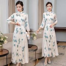 2022 ao dai chiffon long aodai women vietnam print flower cheongsam vintage mandarin collar elegant vietnam traditional dress 2024 - buy cheap