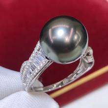 D325 Pearl Ring Solid 14k White Gold 11-12mm Natural Ocean Sea Tahiti Black Pearls Female's Rings for Women Fine Gifts 2024 - buy cheap