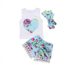 Комплект одежды для маленьких девочек из 3 предметов, Летний жилет без рукавов, топы, кружевные шорты с цветочным принтом, повседневная одежда 2024 - купить недорого
