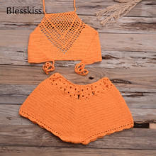 BLESSKISS Sexy Knitted Crochet Bikini 2021 Semi Transparent Crop Top High Waist Swimsuit Swimwear For Ladies Bathing Suit Swim 2024 - buy cheap
