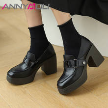 ANNYMOLI Real Leather Platform Super High Heels Women Shoes Chunky Heel Pumps Rivet Square Toe Female Footwear Black Big Size 40 2024 - buy cheap