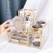 Caja de almacenamiento de cosméticos, organizador de maquillaje de vidrio dorado, transparente, para Perfume, lápiz labial, soporte de acabado de escritorio, novedad 2024 - compra barato