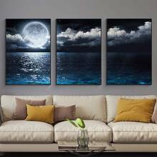 Pintura en lienzo de Luna, mar y noche, abstracto moderno paisaje Natural, póster artístico de pared, sala de estar escandinava, decoración del hogar 2024 - compra barato