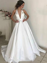 Deep V-Neck A-Line Wedding Dresses Satin Sexy Open Backless Sleeveless Bridal Gowns 2020 Formal With Bow Back Plus Size 2024 - buy cheap