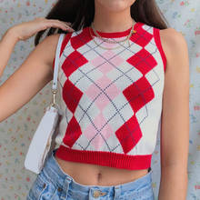 Argyle Plaid Knitted Sweater Vest Female Streetwear Preppy Style Korean Clothes Striped V Neck Tank Top Y2K Knitwear 2024 - buy cheap