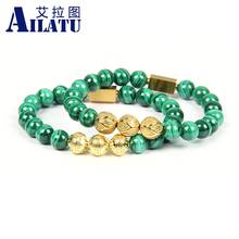 Ailatu New Stainless Steel Gold Beaded Bracelets with 8mm Natural Malachite Stone  Top Quality 2024 - купить недорого