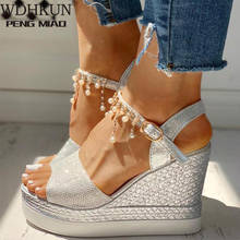 2021 New Women Wedge Sandals Summer Bead Studded Detail Platform Sandals Buckle Strap Peep Toe Thick Bottom Casual Shoes Ladies 2024 - buy cheap