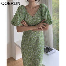 QOERLIN Chic Floral Dress Women Summer Short Sleeve French Romantic Holiday Style Print V-Neck High Waist Slim Puff Sleeve Dress 2024 - buy cheap