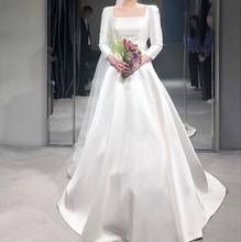 Elegant Satin Wedding Dresses 2022 A-Line Three Quarter Sleeves Wedding Dress Long Square Collar Neck Simple Robe De Mariee 2024 - buy cheap