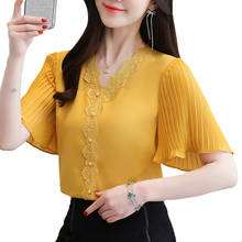 S-3XL Summer 2021 New Chiffon shirt Flare sleeve Lace Tops V-neck White Casual Women blouse Plus size 2024 - buy cheap