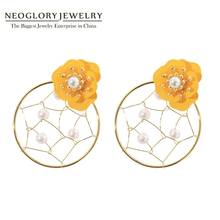 Neoglory Metal Mesh Pearl Enamel Flower Stud Earrings for Women Korea Design Round Circle Ears Accessories Gift For Girl Friend 2024 - buy cheap