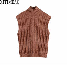 Xitimeao  Women 2021 Chic Fashion Cross Lace-up Knitted Vest Sweater Vintage High Collar Sleeveless Female Waistcoat Chic Tops 2024 - buy cheap