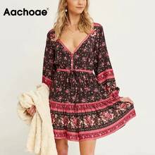 Vestido de praia aachoae 2021, vestido feminino com decote em v estampa floral, manga comprida, mini vestidos femininos elegantes, vestido de verão plissado 2024 - compre barato
