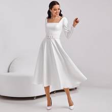 LUXIYIAO LO99 A-line Tea Length Wedding Dress 2022 Exquisite Square Neck High Quality Satin Long Sleeve Bridal Gowns with Sashes 2024 - buy cheap