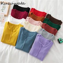 Kuzuwata Spring Candy Color O Neck Pullovers Sweaters Knit Bottoming Long Sleeve T Shirts 2022 New Chic Button Slim Fit Tops 2024 - buy cheap