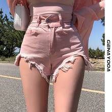 Genayooa Streetwear Shorts Women Pink Ripped Tassel Hem Jeans Shorts Summer 2021 Korean Style Ladies Shorts Feminino Denim Sexy 2024 - buy cheap