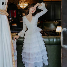 BLLOCUE Korean Fashion Women Sexy V-neck Bell Sleeve Layers Ruffles Holiday Dress Spring Runway White Lace Mesh Cake Dress 2024 - buy cheap