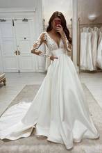 Satin Appliques Long Illusion Sleeve Wedding Dress for Bride 2021 Deep V Neck A Line Wedding Bridal Gowns Vestido De Novia 2024 - buy cheap