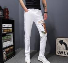 Men's Fashion Brand Casual Tiger Emboidered White Jeans Slim Fit Patches Denim Pants For Summer Spring 2024 - buy cheap