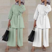 New Women Muslim Summer 2Pcs Outfits Set Long Sleeve Belted Tunic Tops Wide Leg Loose Pants Solid Color Dubai Kaftan Hijab 2024 - buy cheap