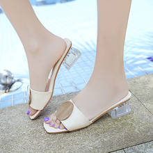 Beach Slippers Women Shoes Woman 2020 Summer New Crystal Slippers Open Toe Fashion Metal Buckle Square Clear Heels Ladies Shoes 2024 - buy cheap