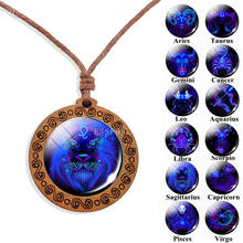 12 Constellation Glass Cabochon Wooden Pendant Neckalce Zodiac Sign Leo Wood Jewelry Women Wax Rope Chain Necklaces Gifts 2024 - buy cheap