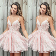 Pink Spaghetti Straps Homecoming Dress 2021 A-Line V-Neck Tulle Appliques Short Party Prom Gown Mini Sleeveless Backless 2024 - buy cheap