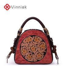 Genuine Leather Women's Bag Vintage Floral Female's Handbags Embossed Shoulder Round Cross Body Bag for Ladies 2024 - buy cheap