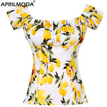 Women's Tshirt Vintage Retro Party Wear Lemon Print Yellow Short Sleeve Off Shoulder Lace-Up Slim Ladies Summer Tops Tee Shirts 2024 - buy cheap