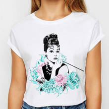 Camiseta de estampa gráfica audrey hepqueimar, camiseta feminina vintage com estética de harajuku, top branco de verão na moda, camiseta feminina casual 2024 - compre barato