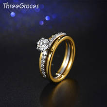 Joyería ThreeGraces para mujer, Color dorado y blanco dorado, piedra CZ delicada, anillos dobles apilables para boda RG034 2024 - compra barato
