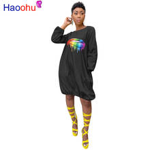 HAOOHU 2019 new autumn summer women mouth print long sleeve knee length lantern bodycon dress fashion hip hop dresses vestidos 2024 - buy cheap
