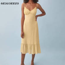 Elegant dress women summer dresses sleeveless v neck midi dress korean style ruffle dresses women party yellow dress 2021 2024 - buy cheap